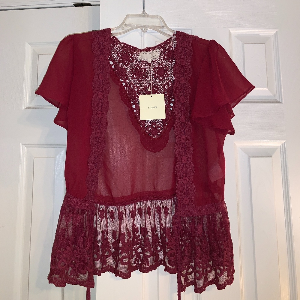 Burgundy Lace/Sheer Short-Sleeved Cardigan